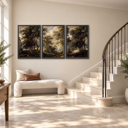 Old trees framing a softly lit woodland path 3 piece framed canvas wall art styled in an interior