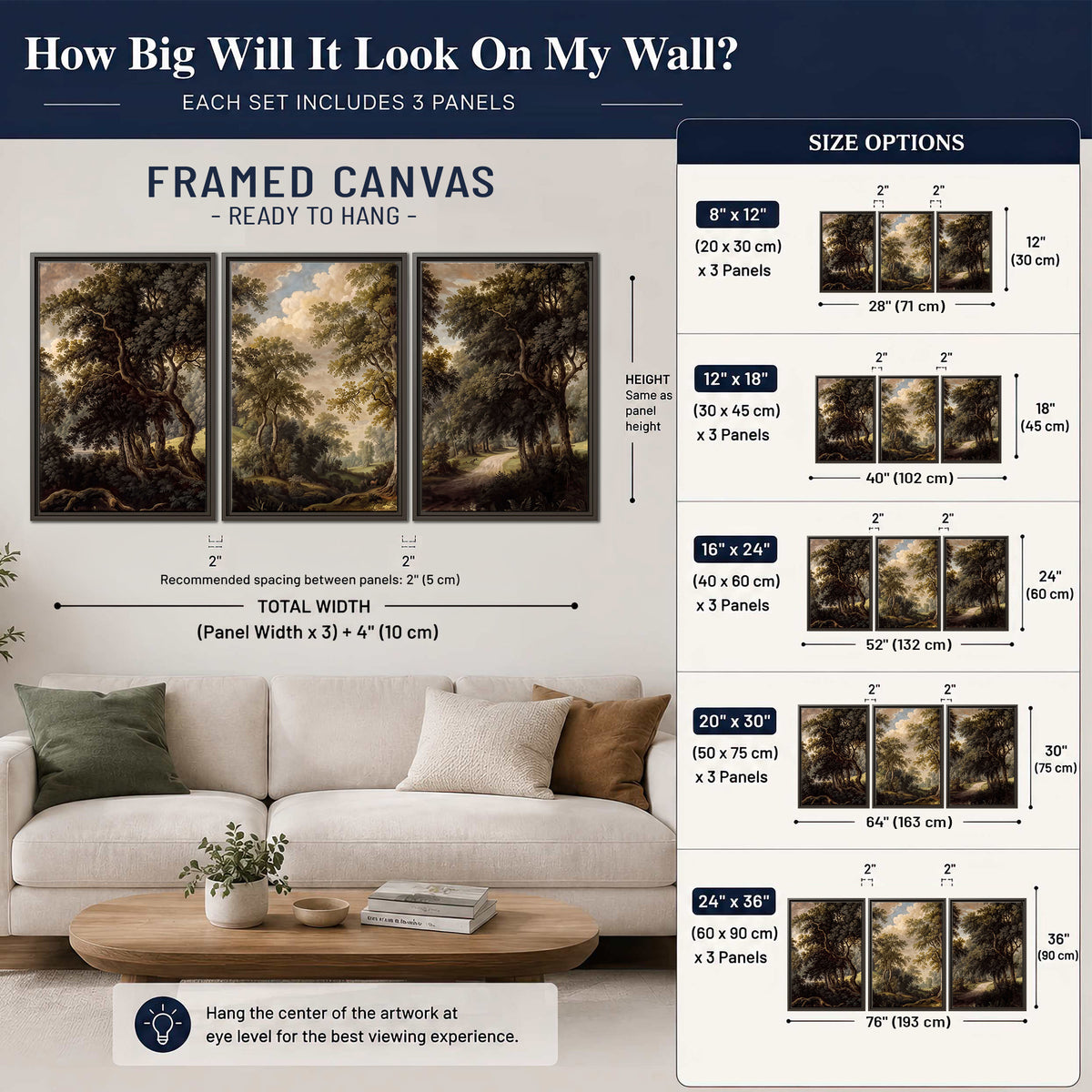 Old trees framing a softly lit woodland path 3 piece framed canvas wall art size guide above a sofa; room view is illustrative