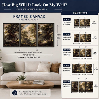 Old trees framing a softly lit woodland path 3 piece framed canvas wall art size guide above a sofa; room view is illustrative