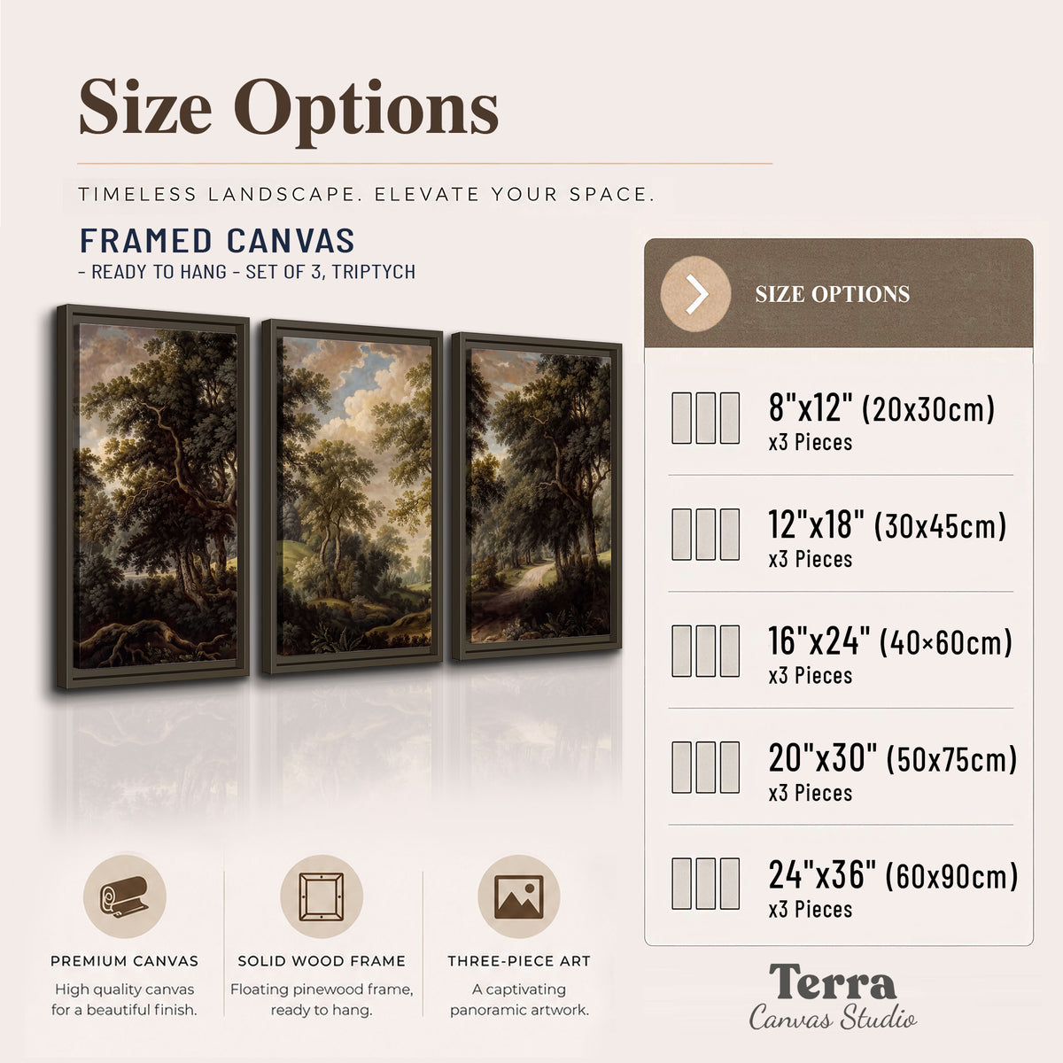 Old trees framing a softly lit woodland path 3 piece framed canvas wall art available dimensions; triptych dimensions are per panel