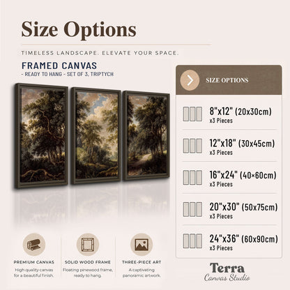 Old trees framing a softly lit woodland path 3 piece framed canvas wall art available dimensions; triptych dimensions are per panel