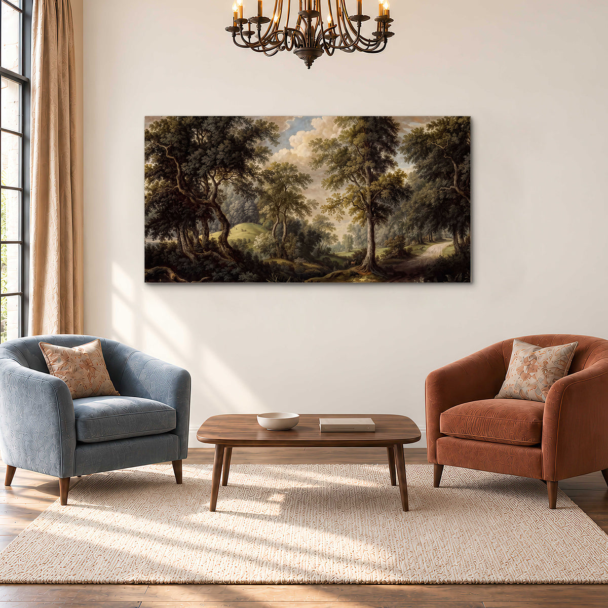 Old trees framing a softly lit woodland path single canvas wall art styled in an interior