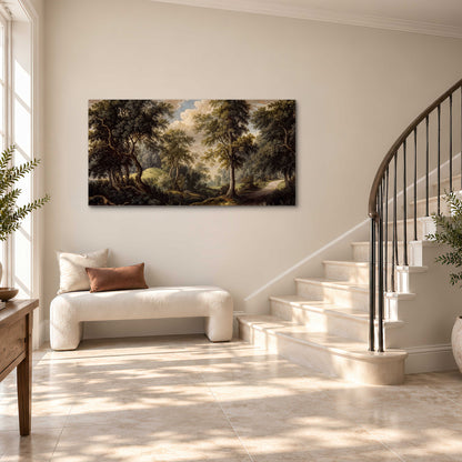 Old trees framing a softly lit woodland path single canvas wall art styled in an interior
