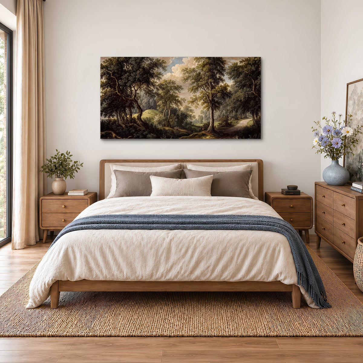 Old trees framing a softly lit woodland path single canvas wall art styled in an interior