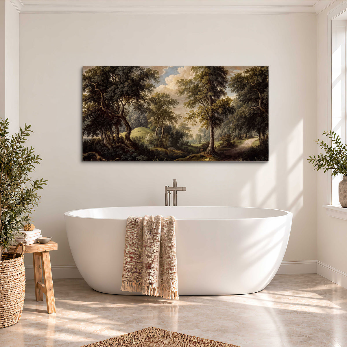 Old trees framing a softly lit woodland path single canvas wall art styled in an interior