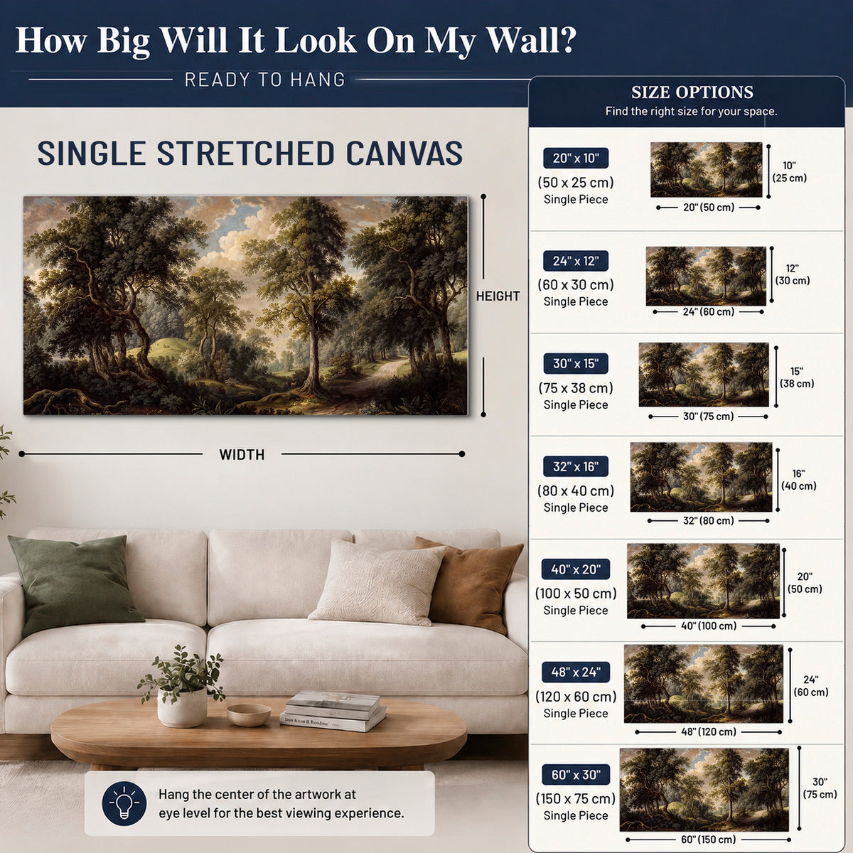 Old trees framing a softly lit woodland path single canvas wall art size guide above a sofa; room view is illustrative