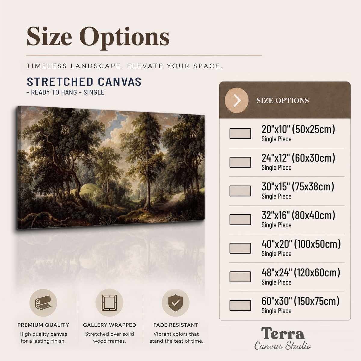 Old trees framing a softly lit woodland path single canvas wall art available dimensions
