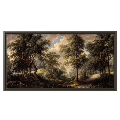 Old trees framing a softly lit woodland path single framed canvas wall art viewed straight on