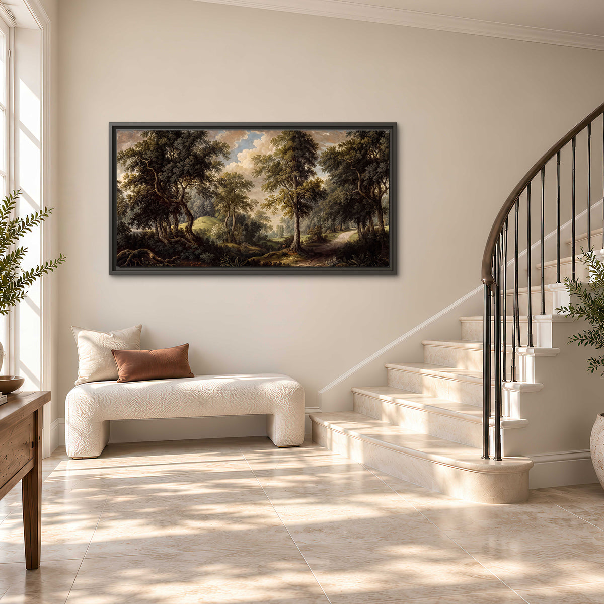 Old trees framing a softly lit woodland path single framed canvas wall art styled in an interior