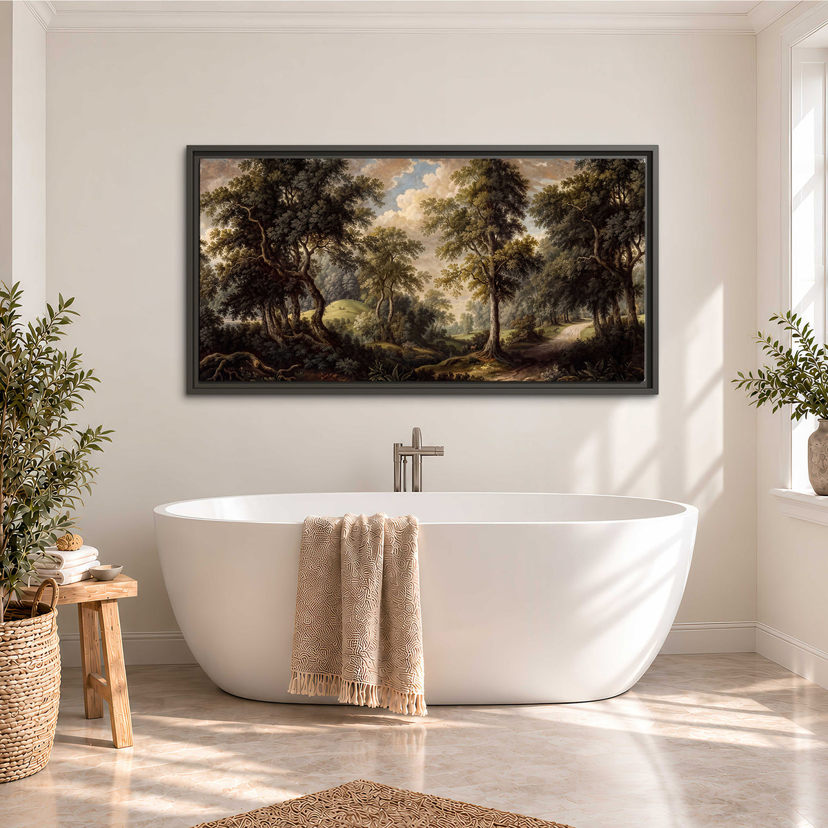 Old trees framing a softly lit woodland path single framed canvas wall art styled in an interior
