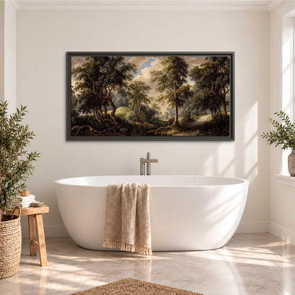 Old trees framing a softly lit woodland path single framed canvas wall art styled in an interior