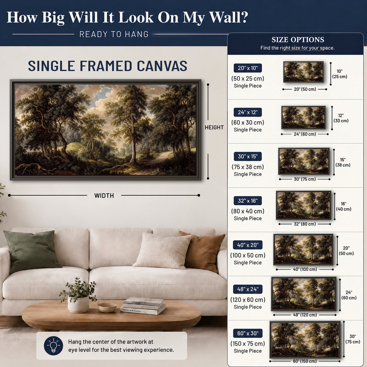 Old trees framing a softly lit woodland path single framed canvas wall art size guide above a sofa; room view is illustrative