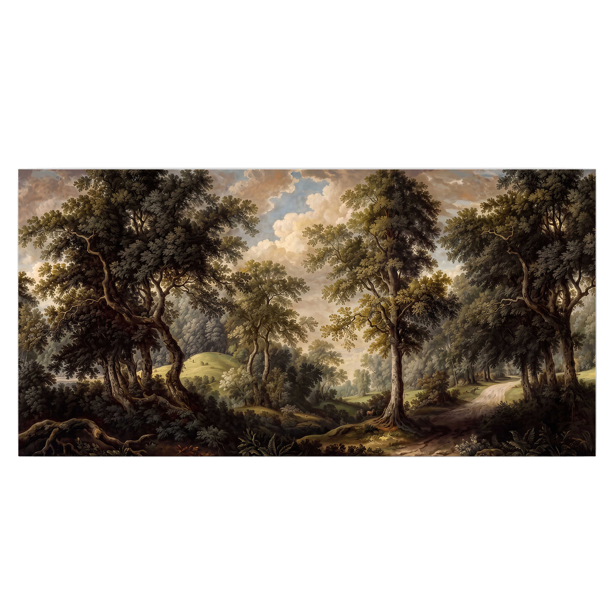 Old trees framing a softly lit woodland path single poster print viewed straight on