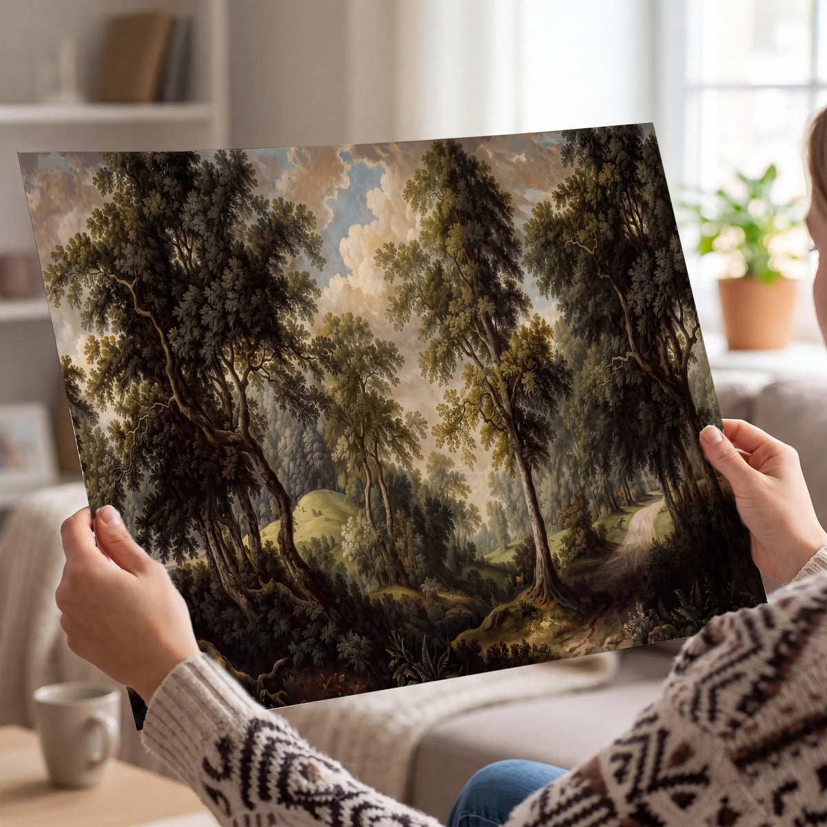 Old trees framing a softly lit woodland path single poster print held in hands