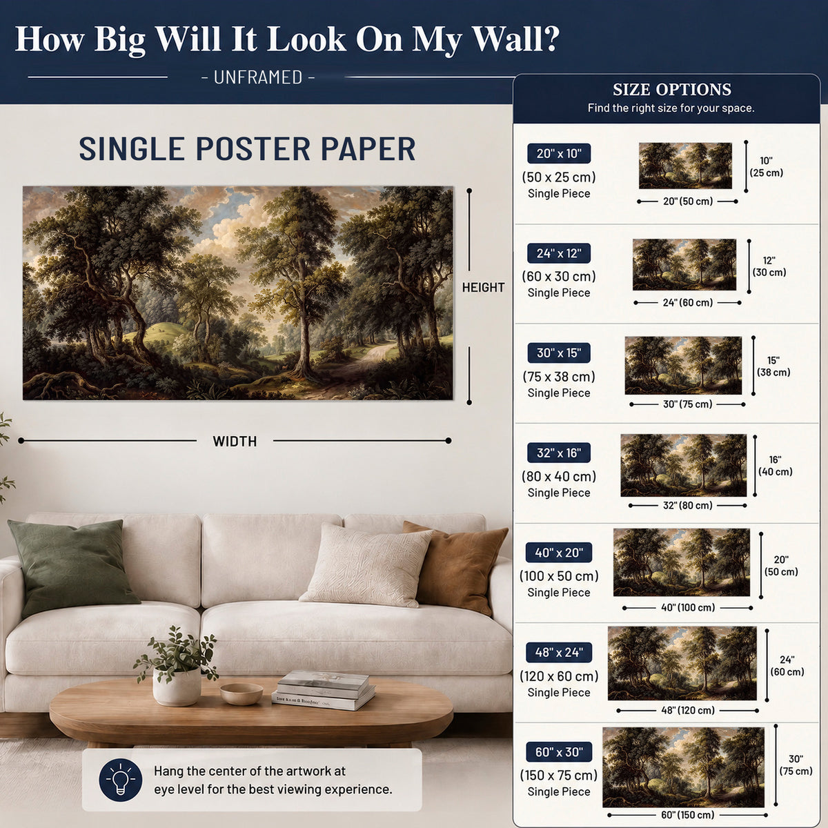 Old trees framing a softly lit woodland path single poster print size guide above a sofa; room view is illustrative