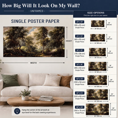 Old trees framing a softly lit woodland path single poster print size guide above a sofa; room view is illustrative