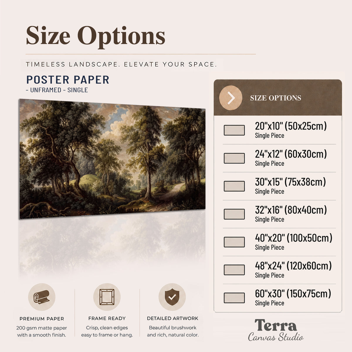 Old trees framing a softly lit woodland path single poster print available dimensions
