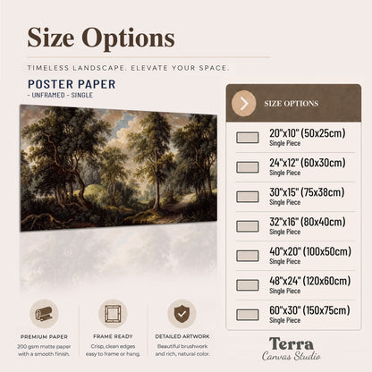 Old trees framing a softly lit woodland path single poster print available dimensions