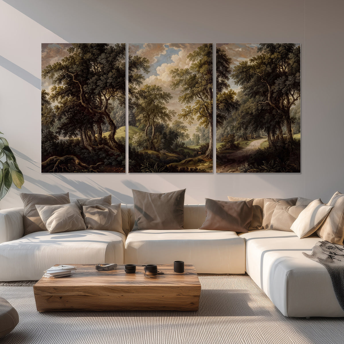 Old trees framing a softly lit woodland path set of 3 poster prints displayed in a living room