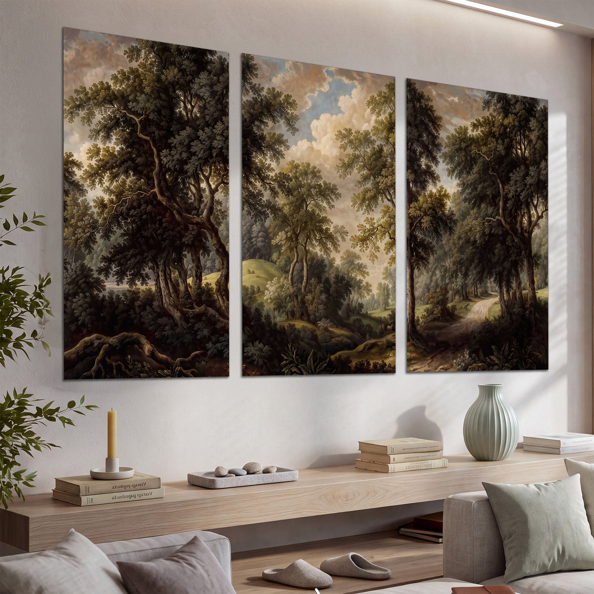 Old trees framing a softly lit woodland path set of 3 poster prints displayed in a console