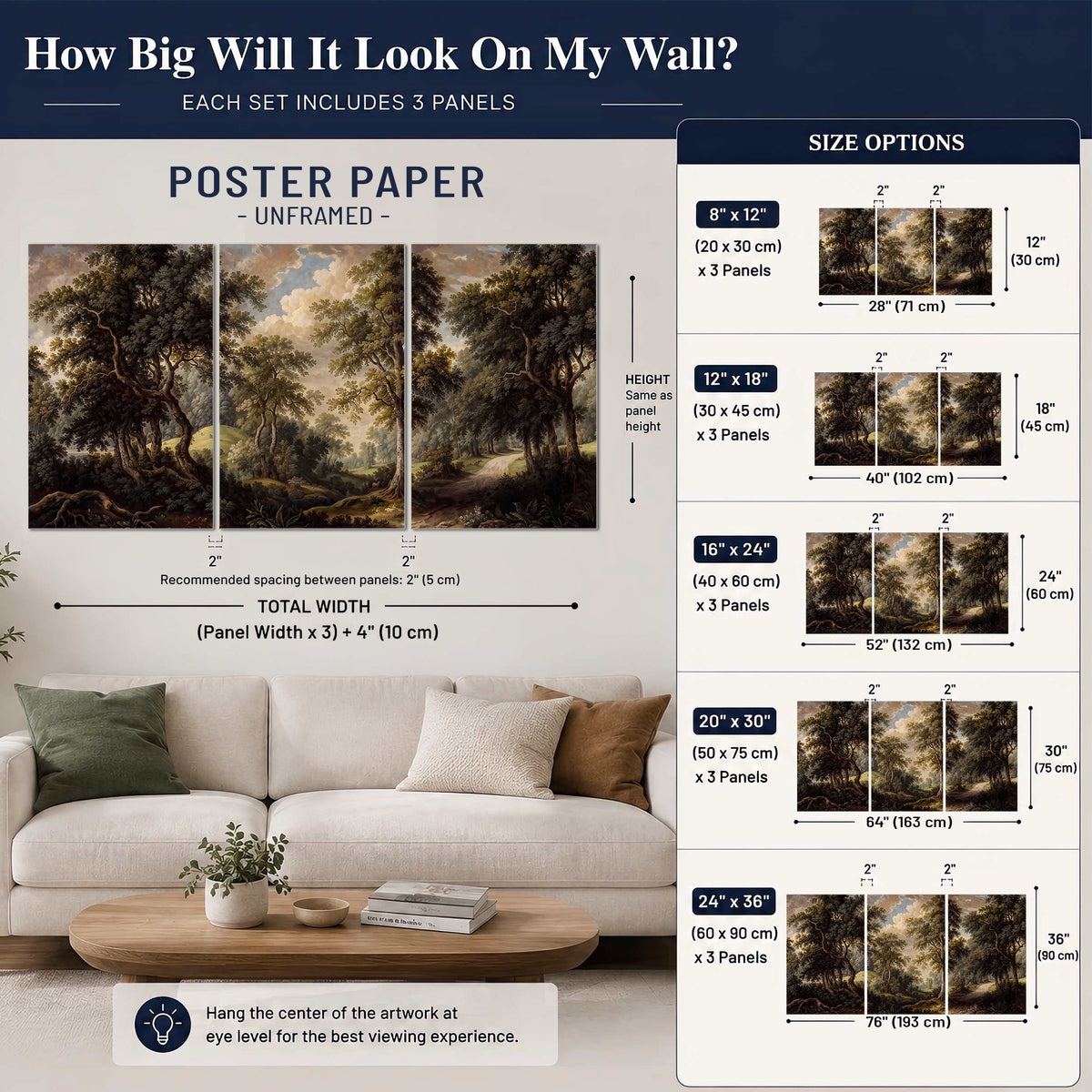 Old trees framing a softly lit woodland path set of 3 poster prints size guide above a sofa; room view is illustrative