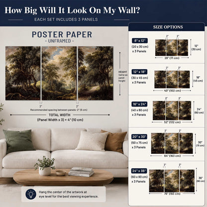 Old trees framing a softly lit woodland path set of 3 poster prints size guide above a sofa; room view is illustrative