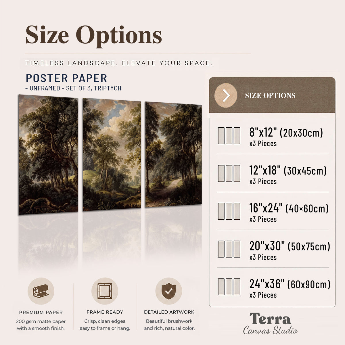 Old trees framing a softly lit woodland path set of 3 poster prints available dimensions; triptych dimensions are per panel