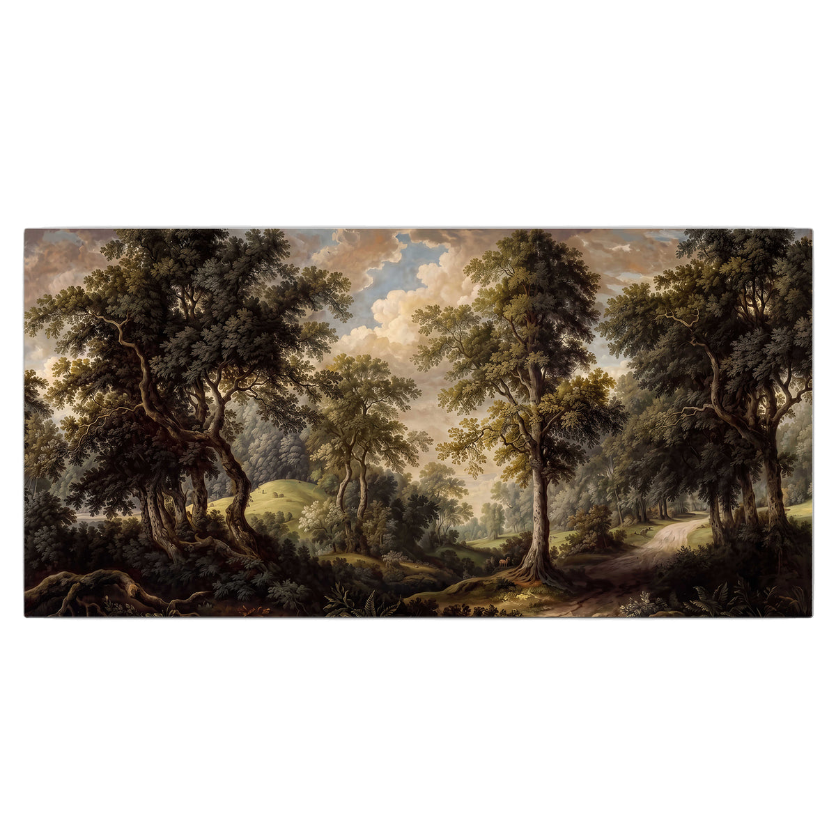 Old trees framing a softly lit woodland path single canvas wall art viewed straight on
