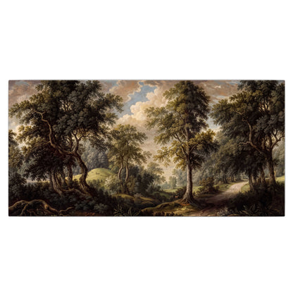 Old trees framing a softly lit woodland path single canvas wall art viewed straight on