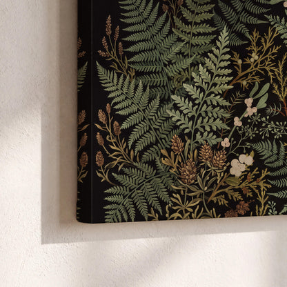 Layered green ferns and delicate cream flowers on a black background 3 piece canvas wall art material and edge close up