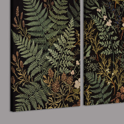 Layered green ferns and delicate cream flowers on a black background 3 piece canvas wall art room and product view