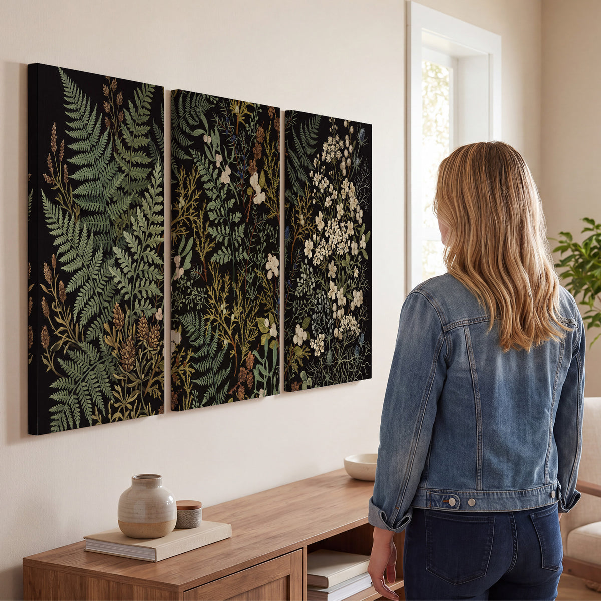 Layered green ferns and delicate cream flowers on a black background 3 piece canvas wall art three panel arrangement on a wall