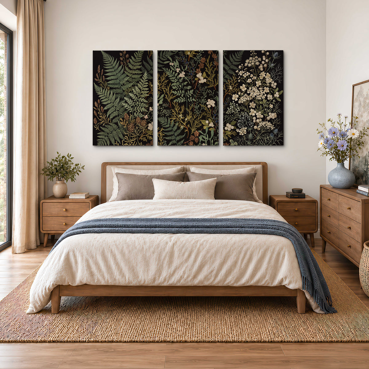 Layered green ferns and delicate cream flowers on a black background 3 piece canvas wall art styled in an interior