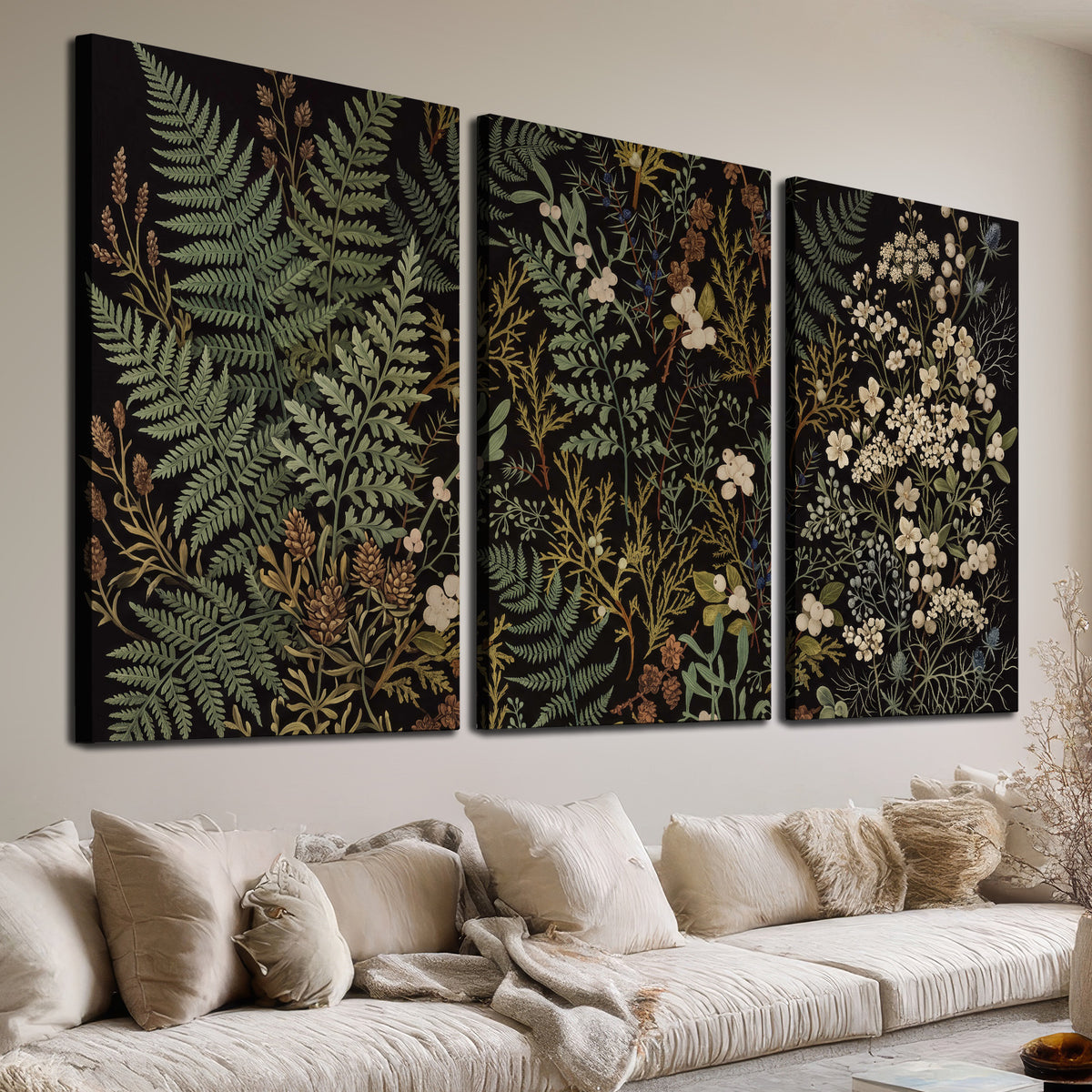 Layered green ferns and delicate cream flowers on a black background 3 piece canvas wall art room and product view