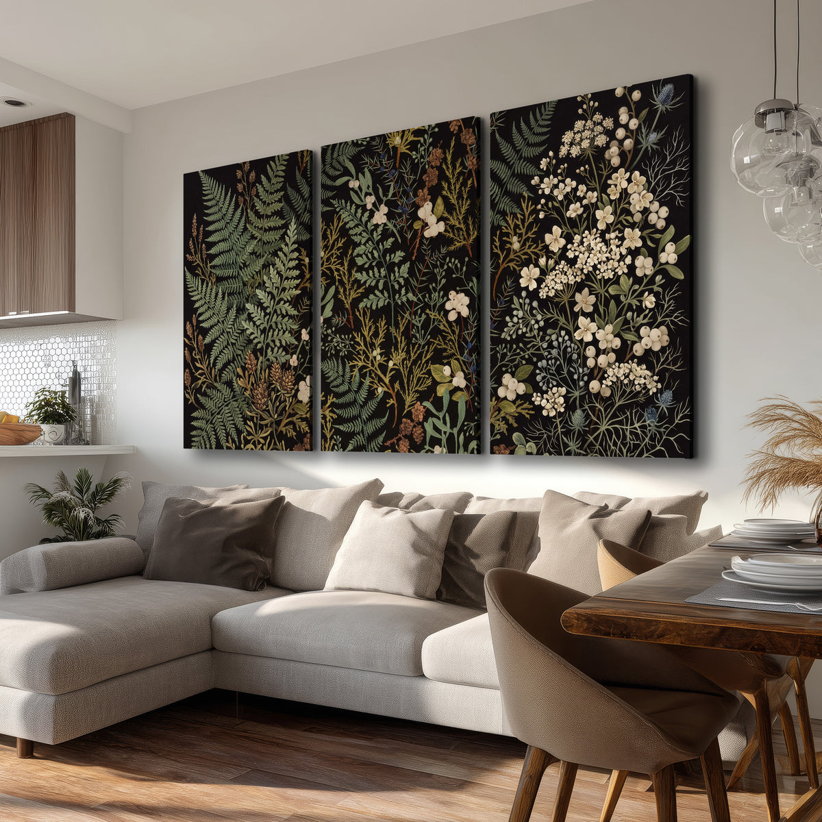 Layered green ferns and delicate cream flowers on a black background 3 piece canvas wall art room and product view