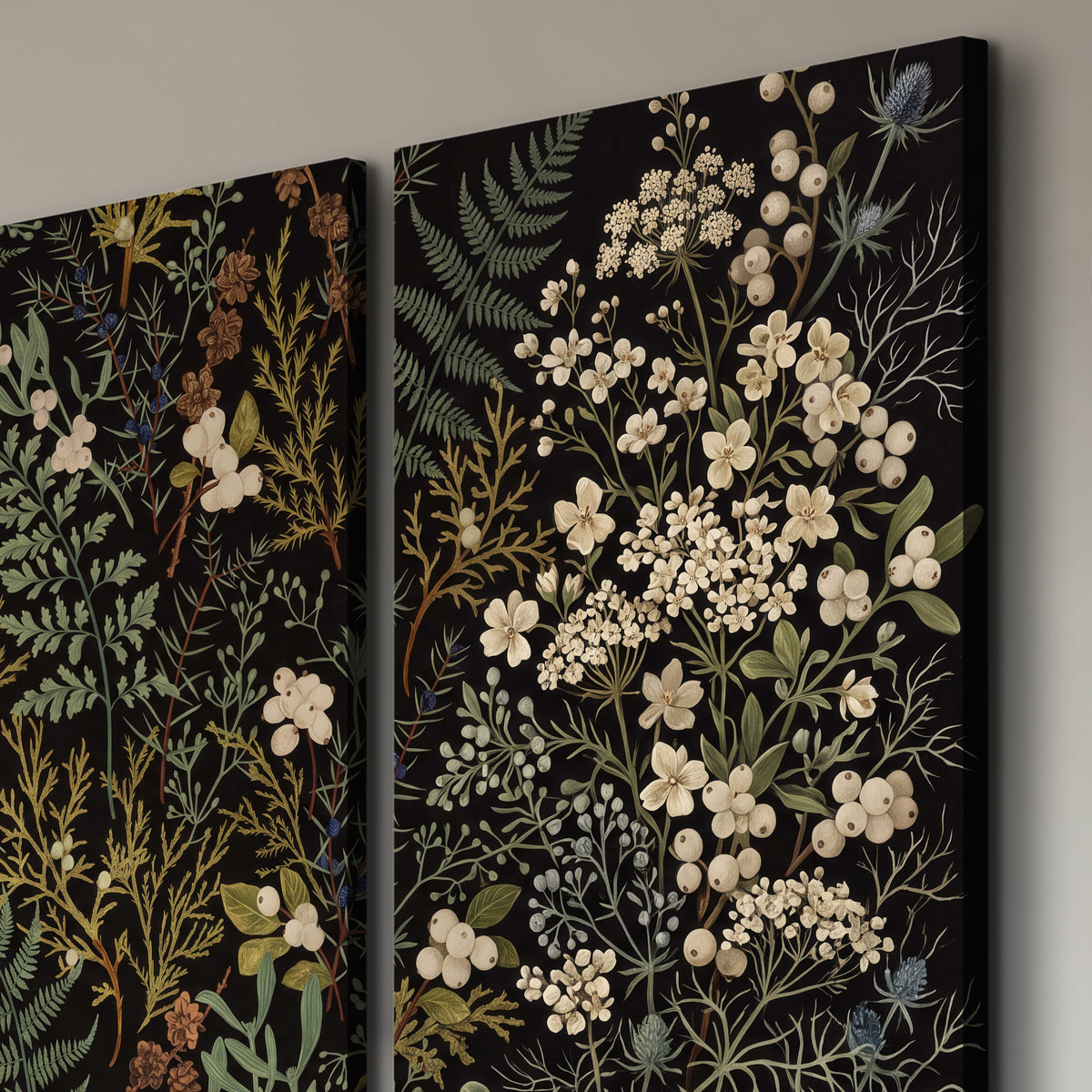 Layered green ferns and delicate cream flowers on a black background 3 piece canvas wall art room and product view