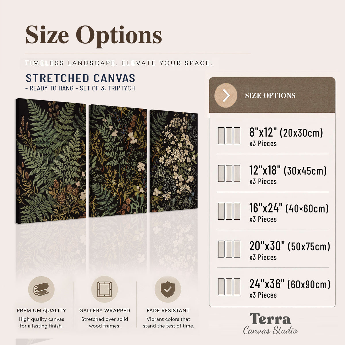 Layered green ferns and delicate cream flowers on a black background 3 piece canvas wall art available dimensions; triptych dimensions are per panel