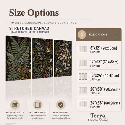 Layered green ferns and delicate cream flowers on a black background 3 piece canvas wall art available dimensions; triptych dimensions are per panel