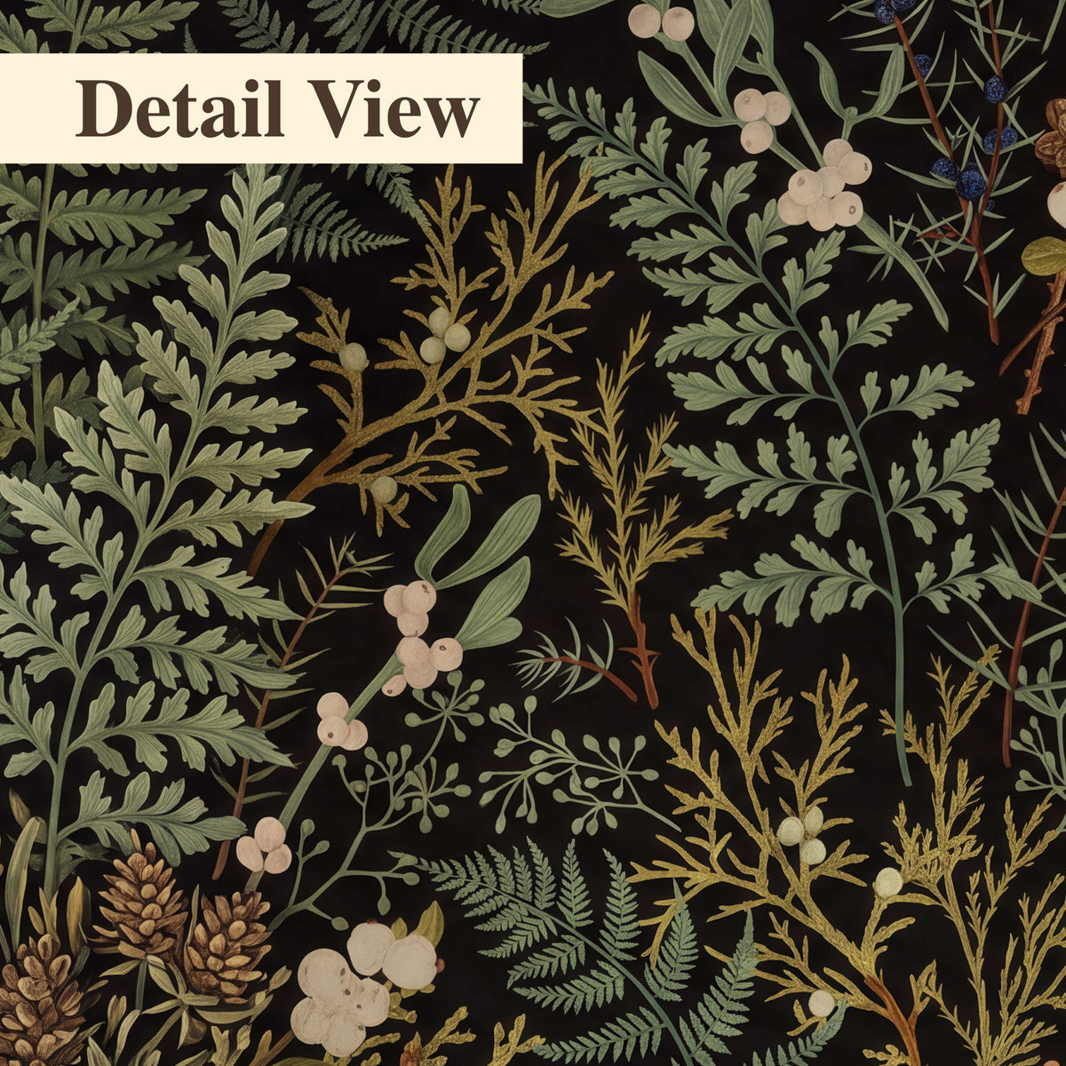 Layered green ferns and delicate cream flowers on a black background 3 piece canvas wall art artwork detail close up