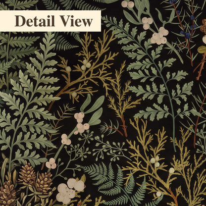 Layered green ferns and delicate cream flowers on a black background 3 piece canvas wall art artwork detail close up