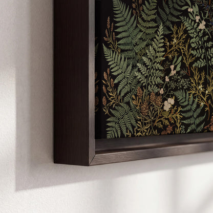 Layered green ferns and delicate cream flowers on a black background 3 piece framed canvas wall art material and edge close up