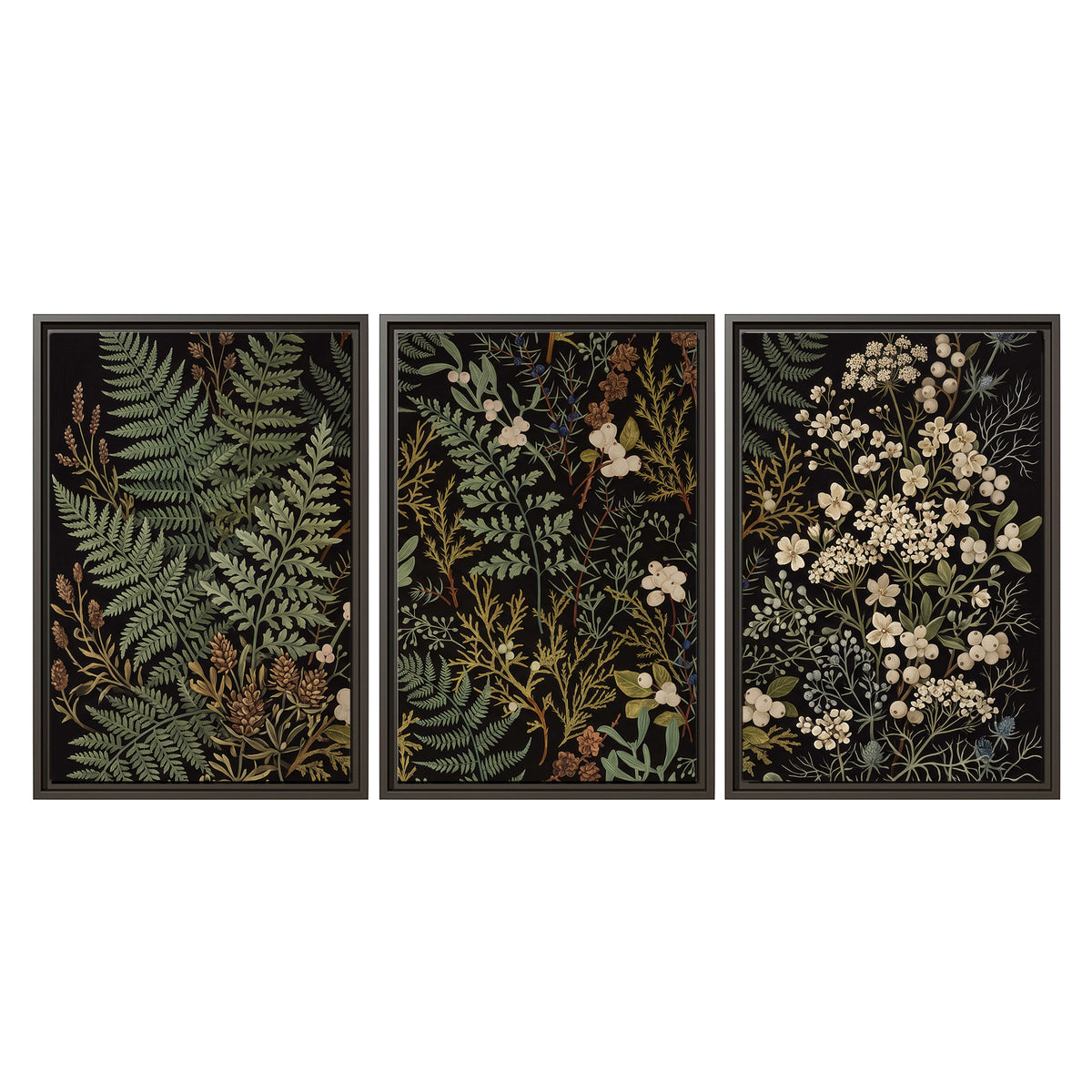 Layered green ferns and delicate cream flowers on a black background 3 piece framed canvas wall art viewed straight on