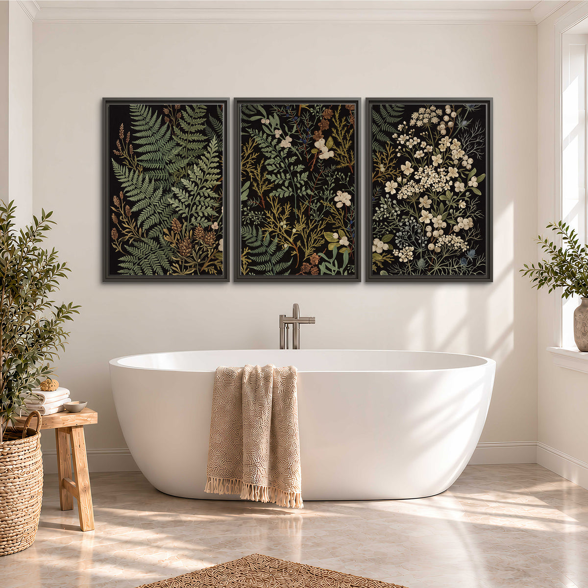 Layered green ferns and delicate cream flowers on a black background 3 piece framed canvas wall art styled in an interior