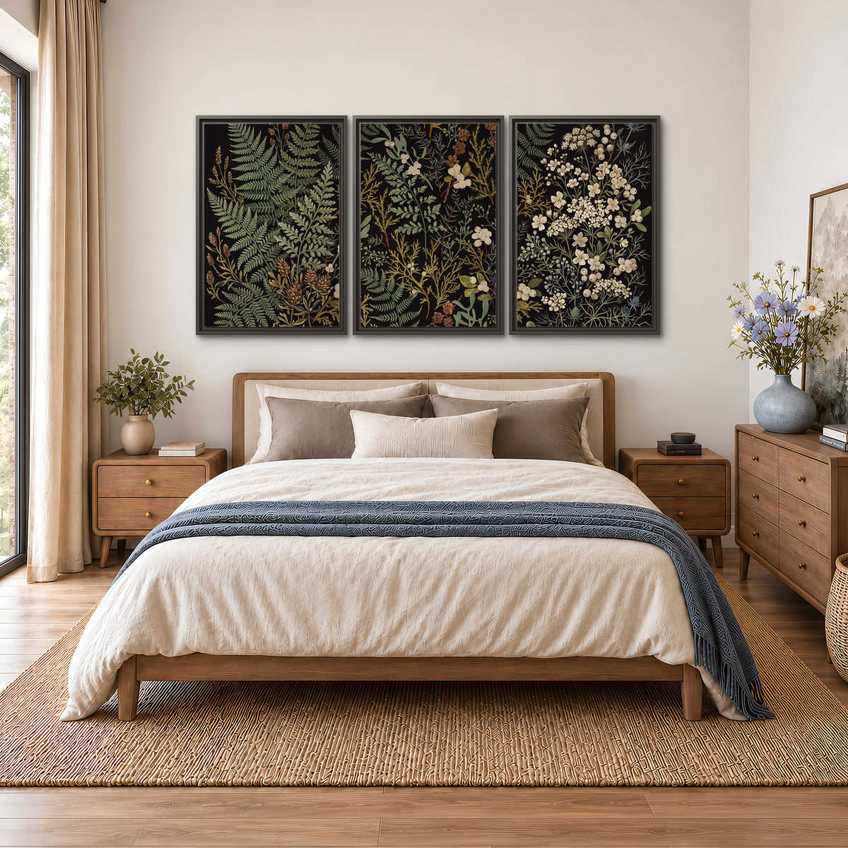 Layered green ferns and delicate cream flowers on a black background 3 piece framed canvas wall art styled in an interior