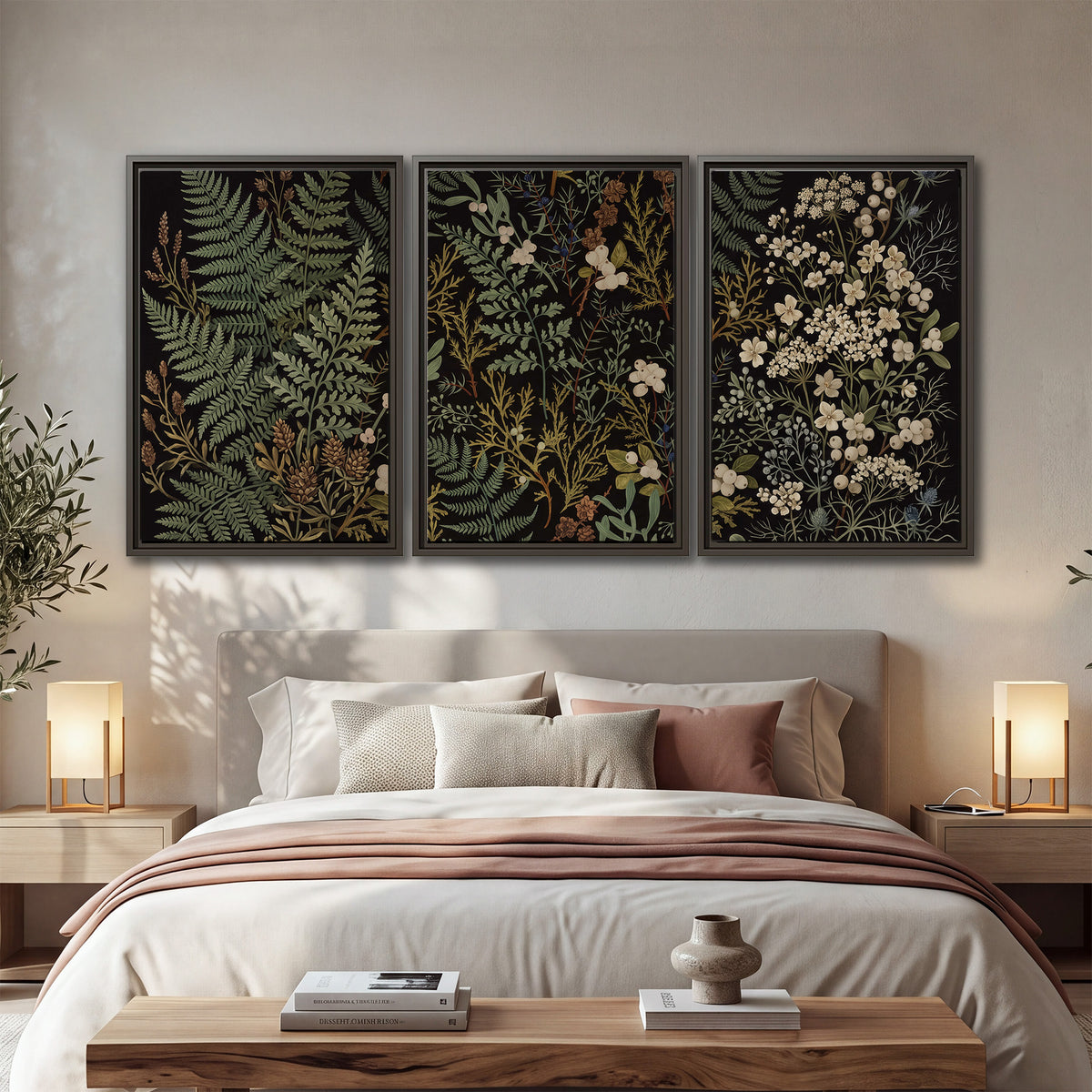 Layered green ferns and delicate cream flowers on a black background 3 piece framed canvas wall art displayed in a bedroom