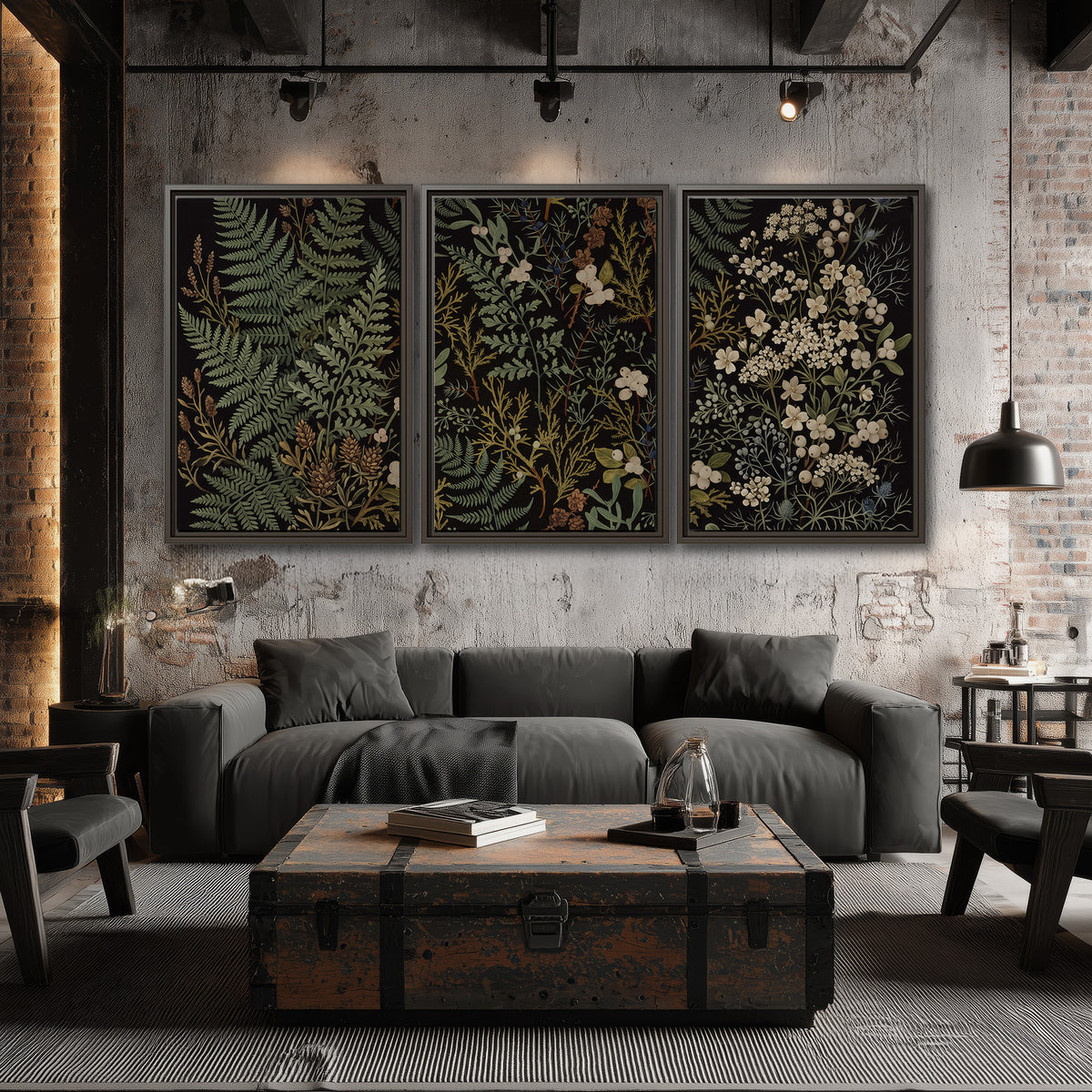 Layered green ferns and delicate cream flowers on a black background 3 piece framed canvas wall art displayed in a industrial room