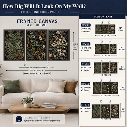Layered green ferns and delicate cream flowers on a black background 3 piece framed canvas wall art size guide above a sofa; room view is illustrative