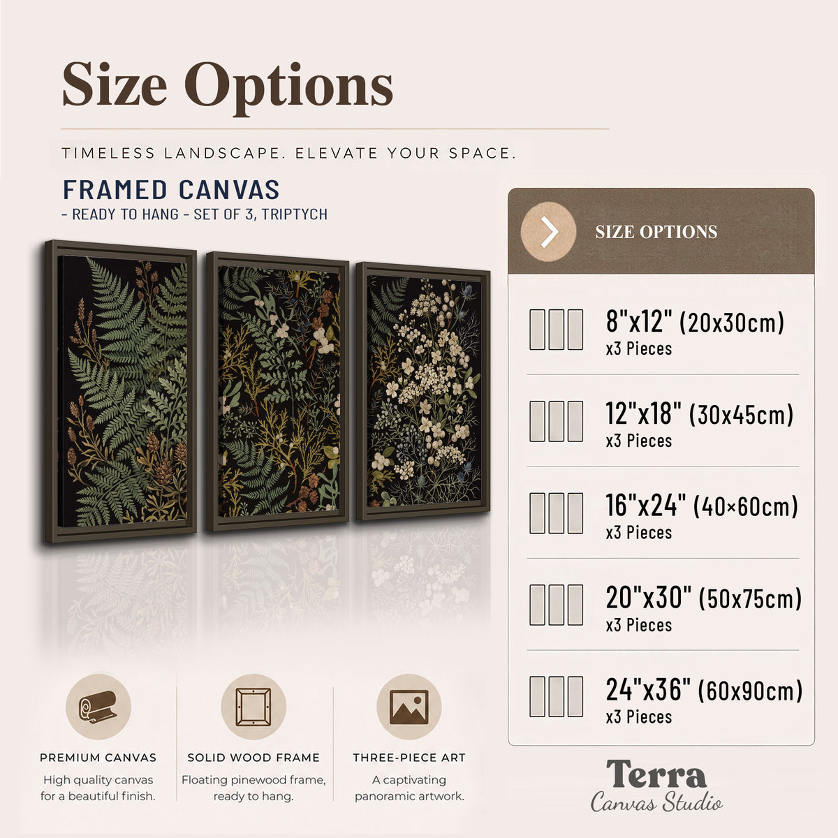 Layered green ferns and delicate cream flowers on a black background 3 piece framed canvas wall art available dimensions; triptych dimensions are per panel