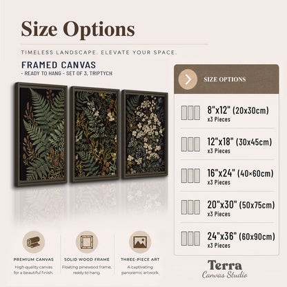 Layered green ferns and delicate cream flowers on a black background 3 piece framed canvas wall art available dimensions; triptych dimensions are per panel