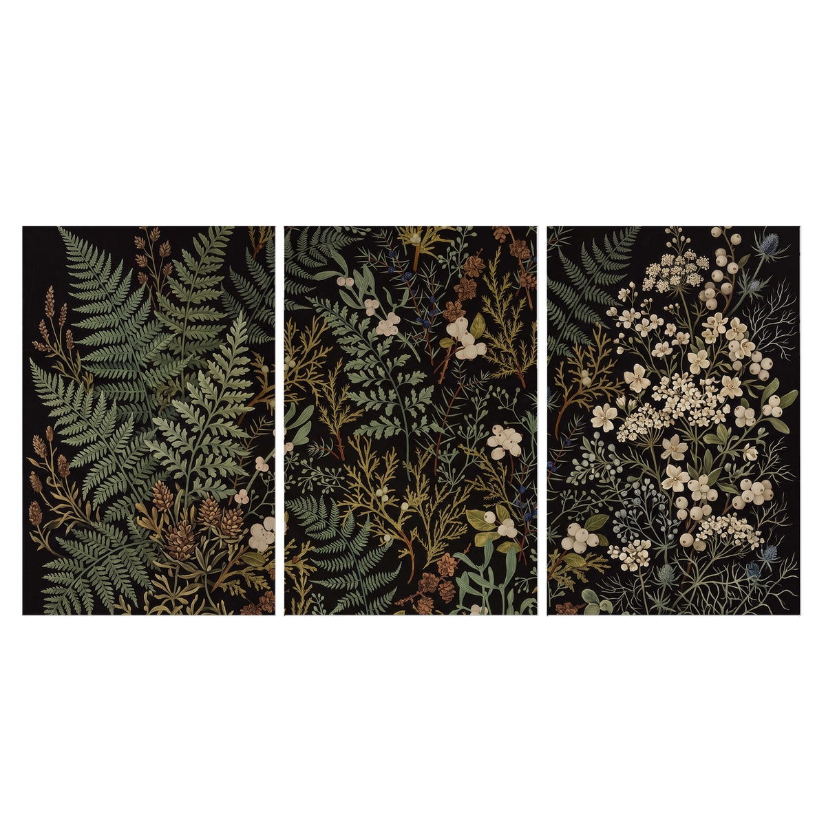 Layered green ferns and delicate cream flowers on a black background set of 3 poster prints viewed straight on